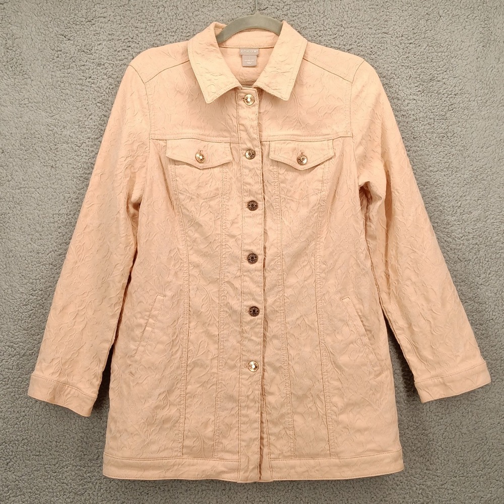 Chico's Size 8/10 Peach Floral‎ Embroidered Button Front Jacket Blazer Coat